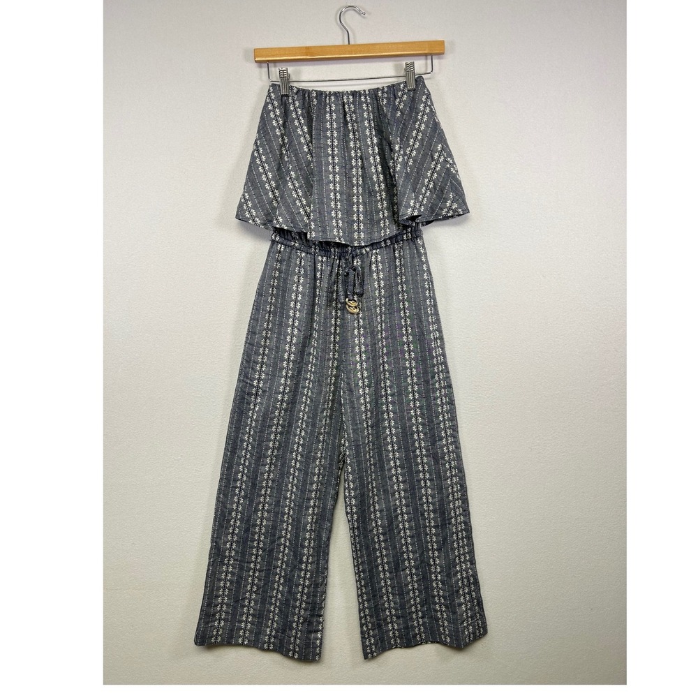 Boho Coastal Shore Womens XS Blue Floral Stripe Strapless Wide Leg Jumpsuit